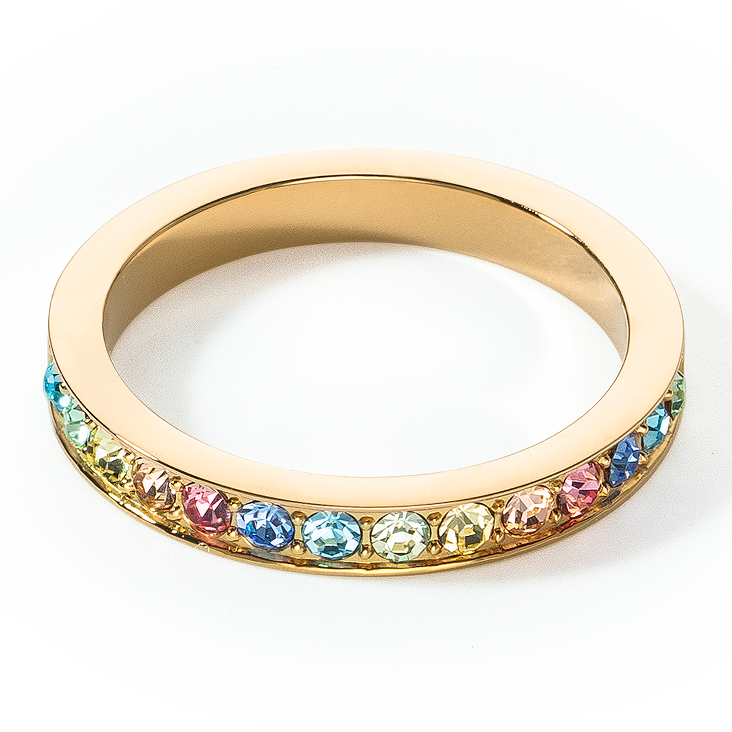 Ring stainless steel & crystals slim gold multicolour pastel