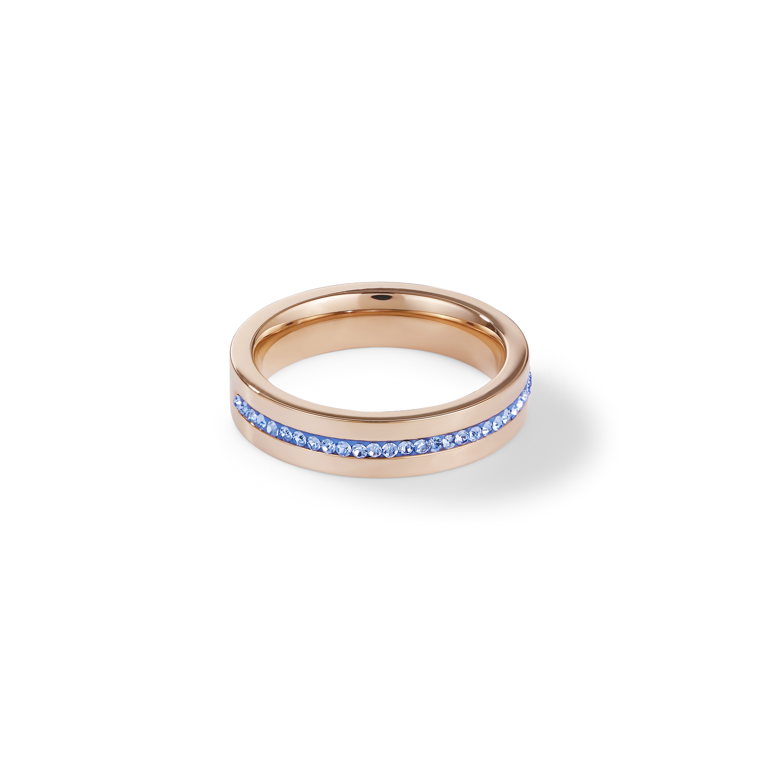 Ring stainless steel rose gold & crystals pavé strip light blue