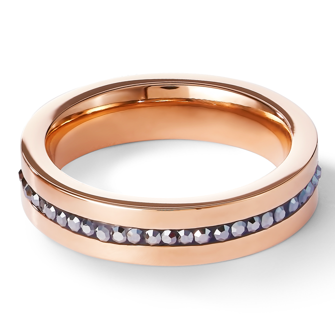 Ring stainless steel rose gold & crystals pavé strip anthracite