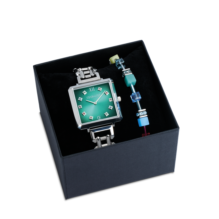 Gift Set Watch Iconic Cube Turquoise Glaze silver & GeoCUBE® Iconic Bracelet Magic silver