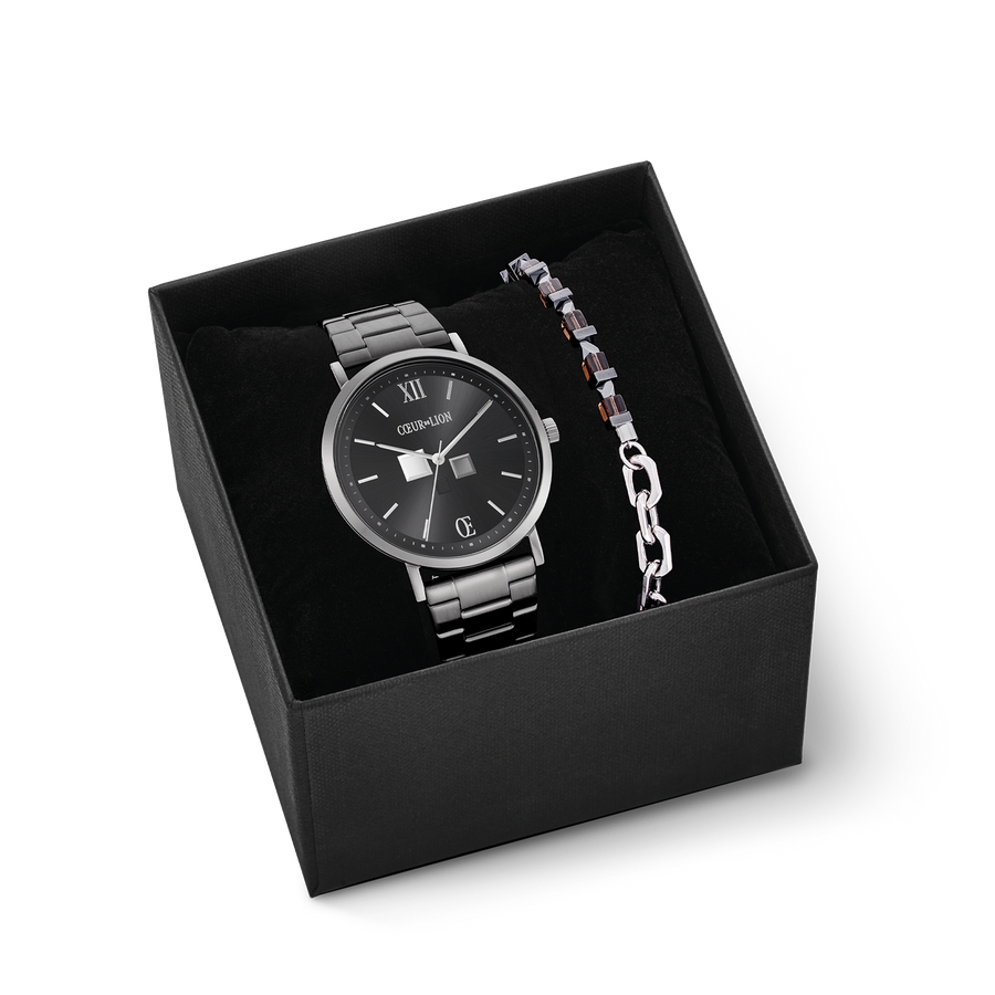 Gift Set Watch Round Statement Anthracite Sunray & bracelet Precious Fusion link chain brown-silver