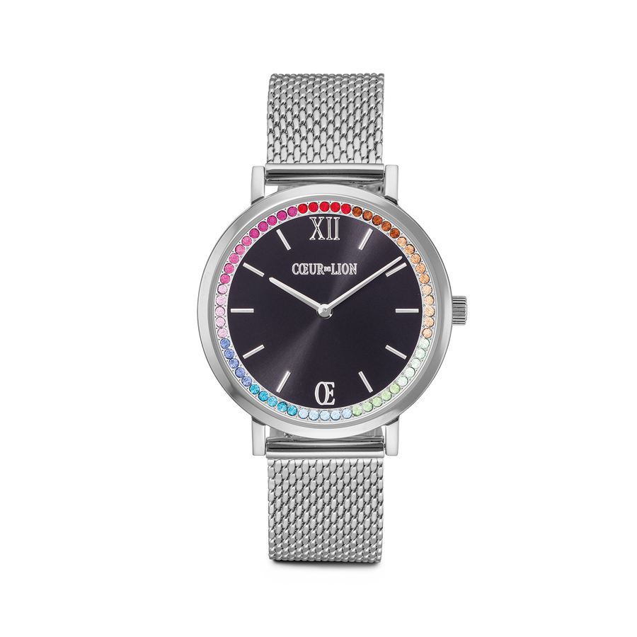 Watch Round Sparkling Rainbow Sunray Black Milanaise silver