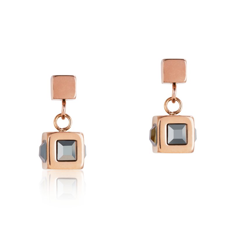 Earrings cube stainlees steel rose gold & crystal anthracite