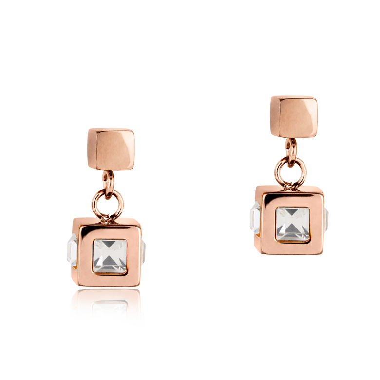 Earrings cube stainlees steel rose gold & crystal