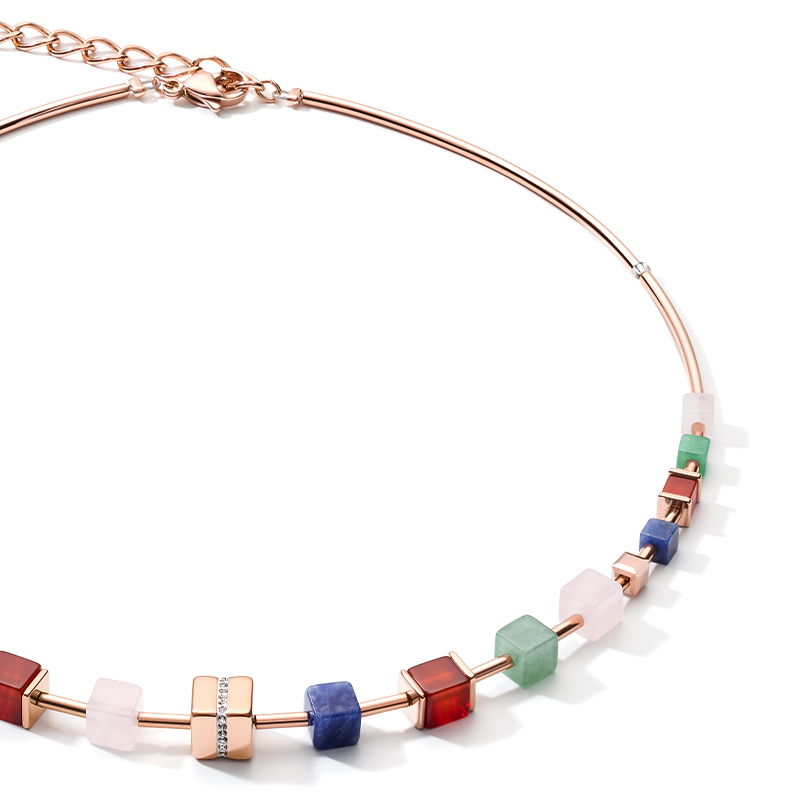 Necklace GeoCUBE® big Kristall Pavé Cube, Edelsteine & Edelstahl roségold multicolor gemstone